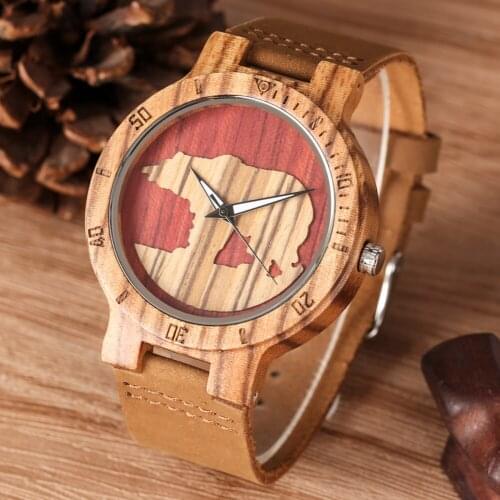Men Watch Practical Luminous Quartz Wood Watch Polar Bear Silhouette Design Unique Three-dimensional Wooden Watch Men Clock
