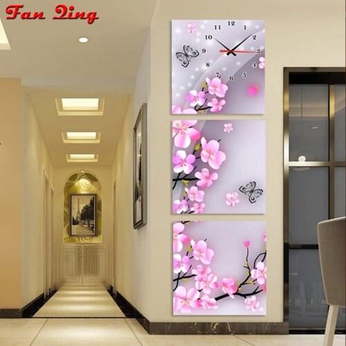 3 pieces DIY Diamond Embroidery Pink flowers and bells and butterflies Full Square/Round Diamond Rhinestone 5D Diamond Painting