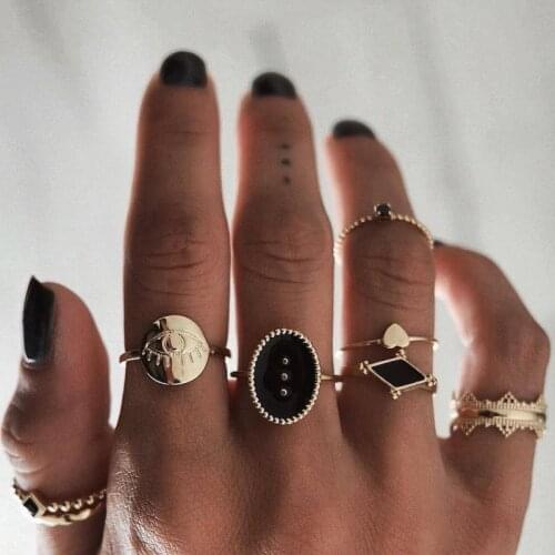 HI MAN 6pcs/set Bohemian Fashion Black Eyes Heart Charm Knuckle Joint Rings Set For Women Vintage Gold Finger Rings Jewelry