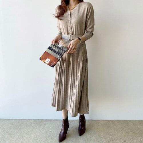 Autumn New 2021 Japanese Style Korean Fashion Dress High Waist V-neck Gather Solid Color Long Sleeve Waistband Womens