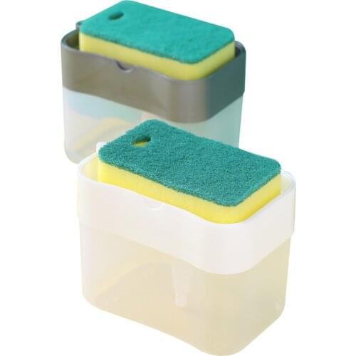 Portable detergent dispenser kit for kitchen dishwashing soap box with sponge holder hand pressure liquid dispensing tool