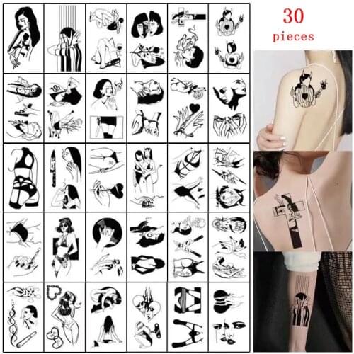 30 Pcs Waterproof Temporary Tattoo Stickers Black & White Ukiyoe Sexy Couples Body Art Flash Tatto Fake Tatoo for Men Women Kids