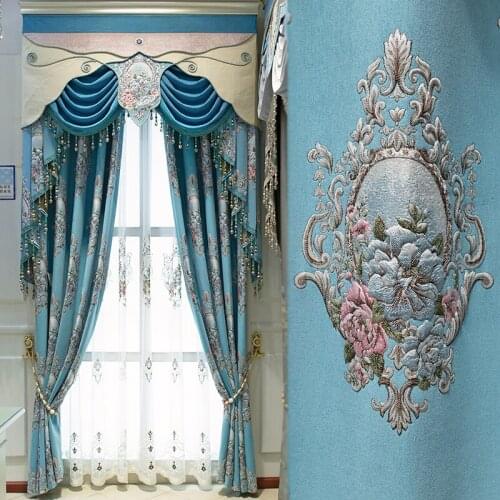 European Embossed Blackout Curtain Blue / Beige Chenille Fabric Luxury Shade Curtain For Living Room Bedroom Luxury Tulle #4