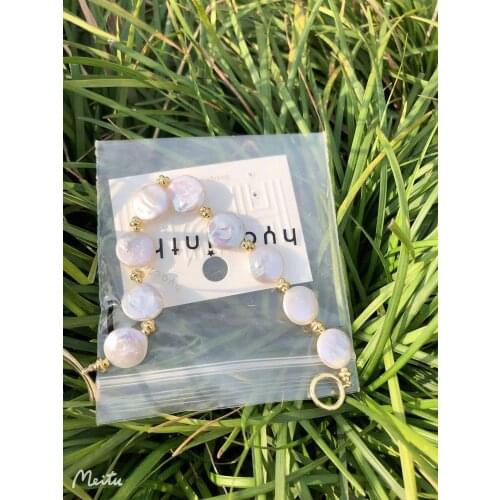 OTNatural Fresh Water Button Pearl Fashion Simple Bracelet For Women Wedding Party Gift Brass Silicon Beads Endding with 14kGold