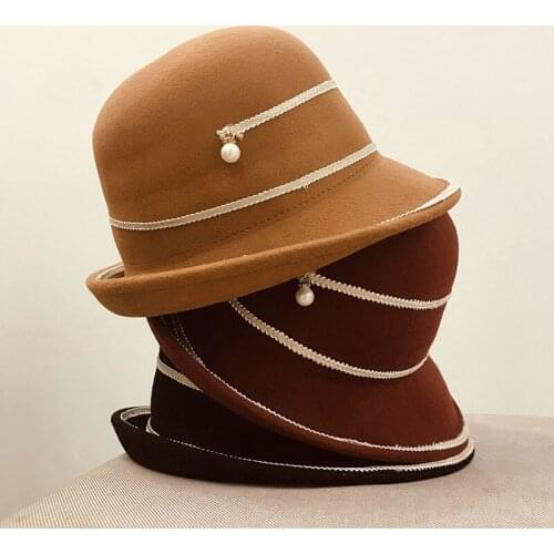 Women Solid Color Winter Hat Packable Soft Wool Felt Hat Pearl White Stripe Tilt Brim Cloche Hat Bucket Wedding Church Fedoras