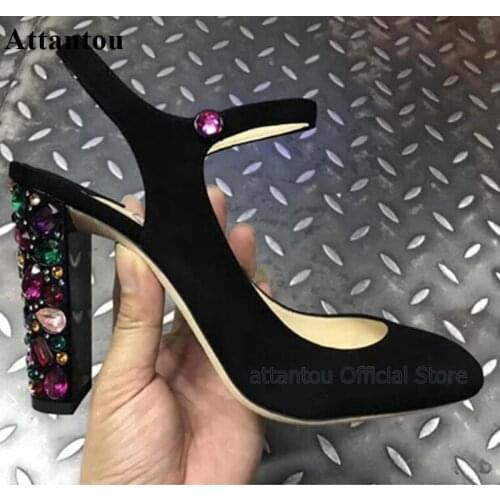 Colorful Rhinestone Block Heeled Women Party Dress Shoes Chunky High Heel Slingback Summer Dress Shoes Cut-out High Heels Bride