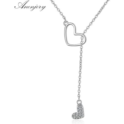 ANENJERY 925 Sterling Silver Zircon Double Love Heart Adjustable Short Sweater Chain Necklace For Women Necklace S-N323