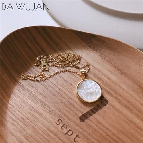 DAIWUJAN Original 925 Sterling Silver Angel Baby Shell Necklace Gold Round Creative Figure Pendant Necklace For Women Jewelry