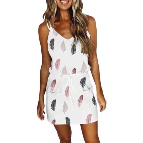 Womens Fashion Casual V-neck Sleeveless Strap Open Back Sexy Print Loose Dress Off The Shoulder Sexy Sukienka #G2
