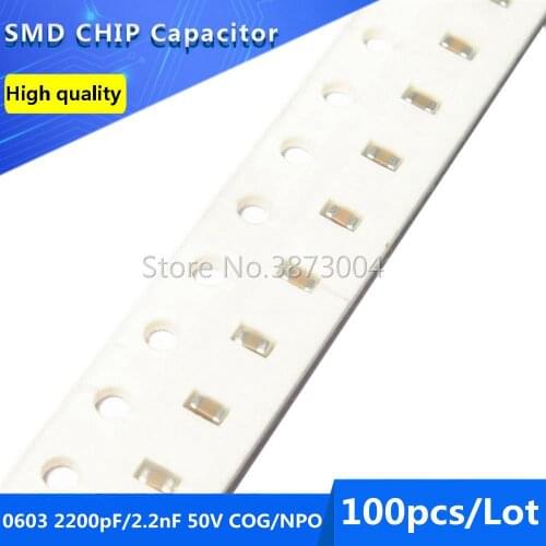 100pcs 0603 2200pF 2.2nF 50V COG/NPO 5% SMD Chip Capacitor
