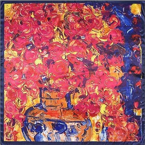 90cm Twill Satin Scarf Womens Luxury Headscarf Oil Painting Printed Handkerchief Hijab Scarf Large Pareo