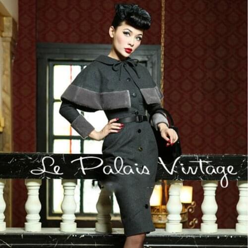 FREE SHIPPING Le Palais Vintage elegant retro style Hepburn woolen Babydoll Dress Cape coat suit