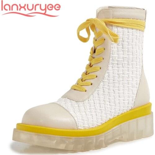 Lanxuryee genuine leather round toe transparent bottom patchwork Korean street beauty lady daily wear cross-tied ankle boots L77