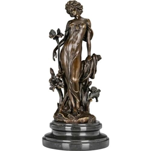 Flower Goddess Bronze Sculpture Pretty Woman Female Statue Antique Brass Figurine Art Home Decor Anniversary Gift