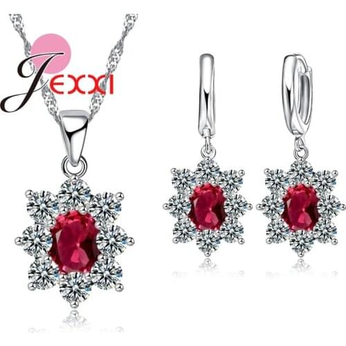 Charm 925 Sterling Silver Jewelry Set AAA Cubic Zircon Oval Stone Crystal For Women Pendant Necklace Earrings Set