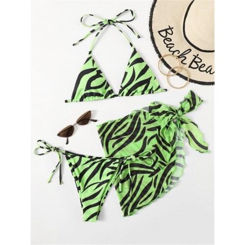 Sexy Green Zebra Print Bikini 2021 Women Bandage Push Up Skirt Triangle Swimsuit Brazilian Beach Bathing Suit 3 Piece Bikini Set