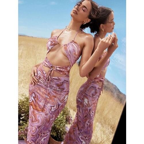 2021 Summer Women Club Sexy Eleagnt Dress Sleeveless V Neck Bandage Hollow Out See Through Bohemian Dresses Female