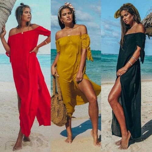 Summer Beach Off Shoulder Split Maxi Dress Women Swimwear Cover Up Kaftan Dress Swimsuit Beachwear