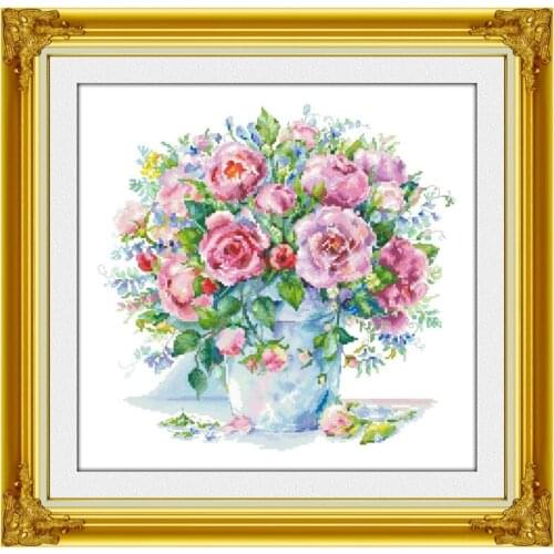 Showy rose vase cross stitch kits flower pattern 18ct 14ct 11ct white fabric cotton thread DIY embroidery kit for Adult