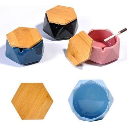 Set of Modern Tabletop polygonal Windproof portable hot sell ceramic black pink white ashtrays custom with lid