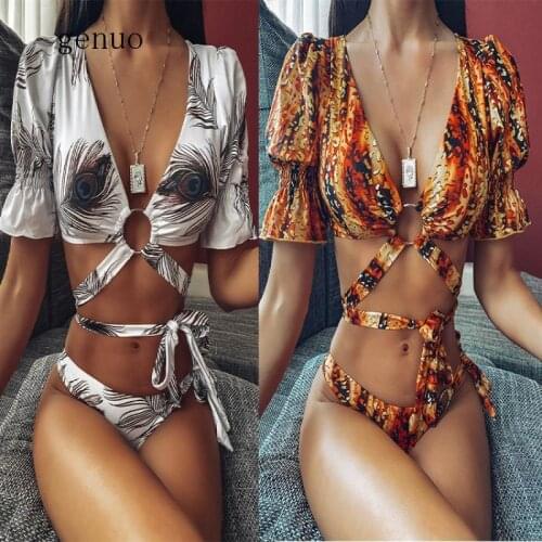 Leopard Feather Print Wrap Around Bikini Women Swimwear Female Swimsuit Two-pieces Bikini set Bather Bathing Suit