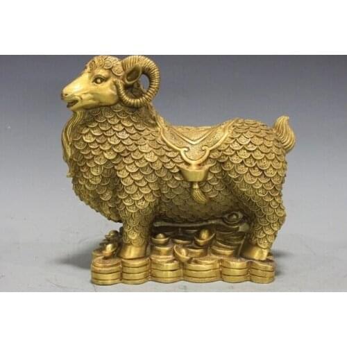 Wholesale factory Chinese Brass Copper Lucky Fengshui Yuanbao Wealth blessing Sheep Goat Statue 25% off