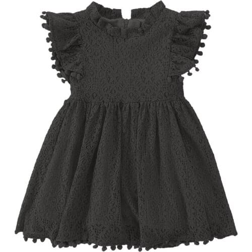 Princess Girls Pom Pom Lace Dress for Kids Hallowed Flowers Costume Little Black A-line Vestido Fashion Children Clothes