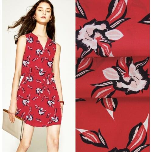 135CM 12MM Floral Print Thin Red Crepe De Chine Fabric Good for Summer Dress Skirt Shirt Scarf Pants JH011
