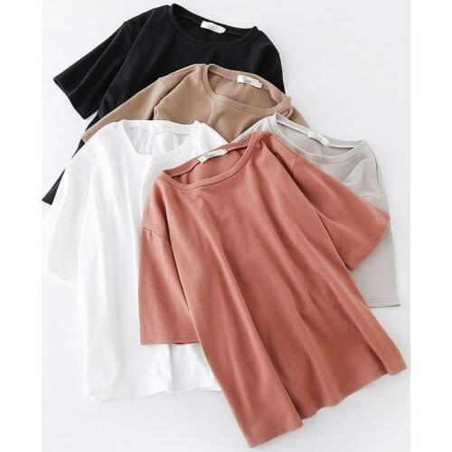 Women Clothing O Neck Short Sleeve Female T-Shirt Basic Elastic Casual Cotton Top Korean Loose Solid Color Women Top Tee