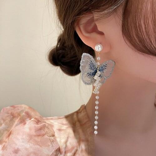 2021 New Arrival Vintage Blue Lace Butterfly Pearls Zircon Dangle Earrings for Women Korean Fashion Elegant Temperament Jewelry