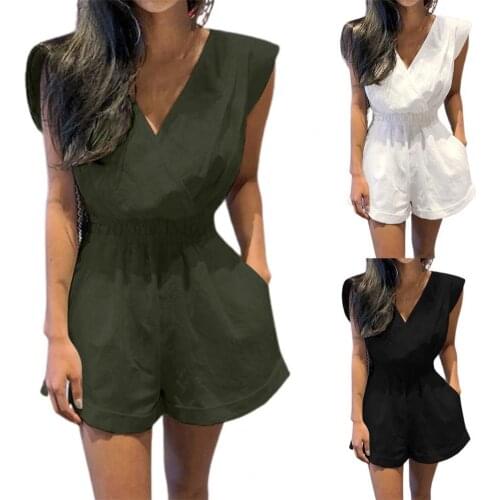 Women Short Playsuit V-neck Sleeveless Solid Backless Ladies Overalls Paysuits Large Size 3XL Loose Tunic Summer Casual Rompers
