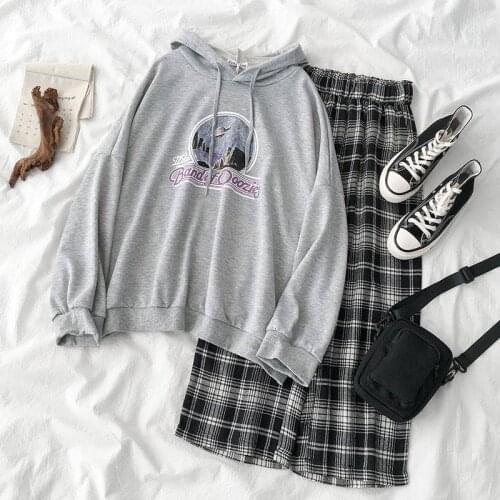 Female autumn fashion suit] 2020 New womens Korean version of Harajuku two-piece print hoodies + plaid long pants