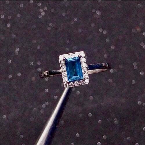 Hotsale Silver Topaz Ring for Girl 4mm*6mm Emerald Cut Natural London Blue Topaz Silver Ring Brithday Gift for Woman