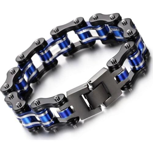 2017 New Year GIFTS Black+ Blue Fashion Motorcycle Chain Stainless Steel Biker Mens Bracelet 8.66