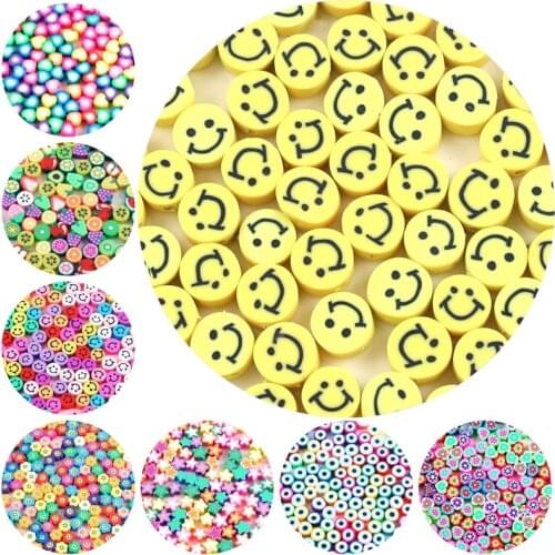 30pcs 10mm Yellow Smiley Printing Beads Polymer Clay Beads Mixed Heart Polymer Clay Spacer Beads For Jewelry Making DIY