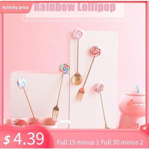 4pcs Cute Lollipop Spoon/Fork Set Stainless Steel Metal Handle Ice Cream Fruit Coffee Spoons Teaspoon Dessert Cake Tableware