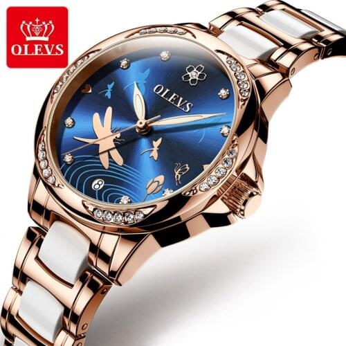Automatic mechanical woman watch diamond Natural mother-of-pearl dragonfly dial Stainless steel ceramic Waterproof OLEVS6610