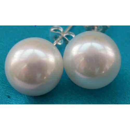 Free Shipping Hot selling> good Amazing big 12mm round white south sea shell pearl earrings silver stud -Bride jewelry free shi