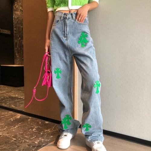 Jessic Ins Cross Fight Leather Denim Trousers Net Red Autumn New High Waist Mopping Denim Straight Leg Pants