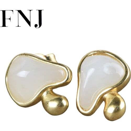 FNJ Mushroom Earrings 925 Silver Original Pure S925 Sterling Silver Stud Earring Women Jewelry Natural Hetian Jade