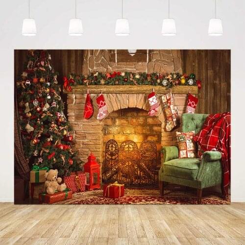 Photography backdrop Christmas fireplace background for photo studio sock sofa Christmas tree family party decoration supplies