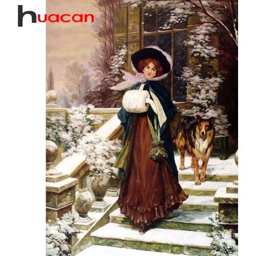 Huacan 5d Diamond Painting Rhinestones Woman Portrait Diamond Embroidery Mosaic Complete Kit Winter Art Paintings On The Wall