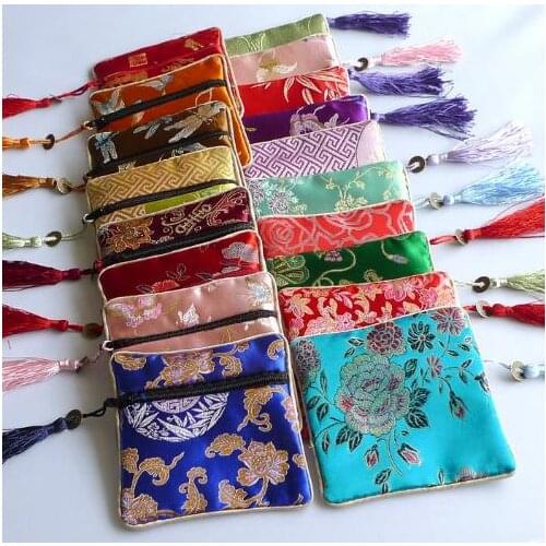 Perfect Small Zipper Coin Pouch Chinese Silk Jewelry Bracelet Pouch Gift Bag Tassel Travel Woman Mini Bag 10pcs/lot