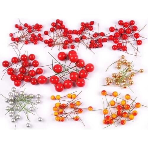 Artificial Flower Mini Fruit Stamens Cherry Christmas for Wedding DIY Gift Box party Decor Wreaths Plastic Pearl Berries 50Pcs