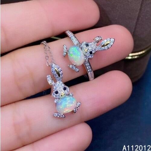 KJJEAXCMY fine jewelry natural opal 925 sterling silver popular rabbit girl new pendant necklace chain ring suit support test
