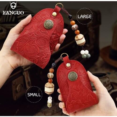 Handmade Mens Key Wallet Genuine Leather Car Key Holder Keychain Pouch Pull Type Keys Ring Protable EDC Travel Key Case