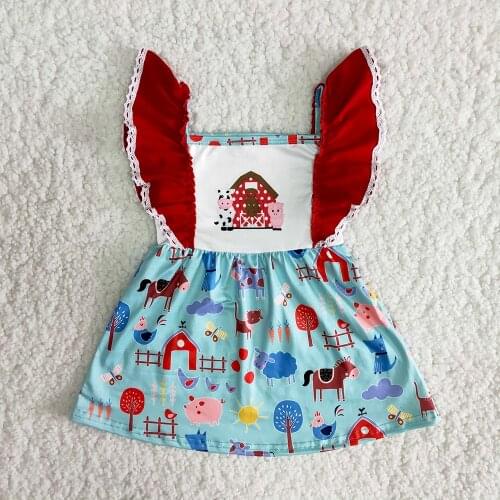 New style fashion girl farm dress with short sleeve kids summer frocks with lace toddler ruffle cloth suit