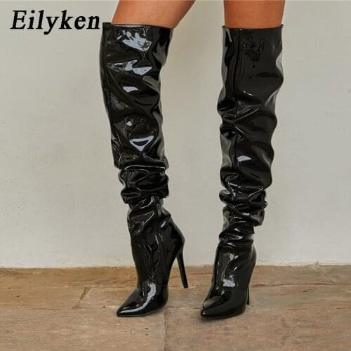 Eilyken 2021 New Thigh High Boots Fashion Patent Leather Pointed Toe Zip Female Stiletto Heels Pleated Design Womens Shoes