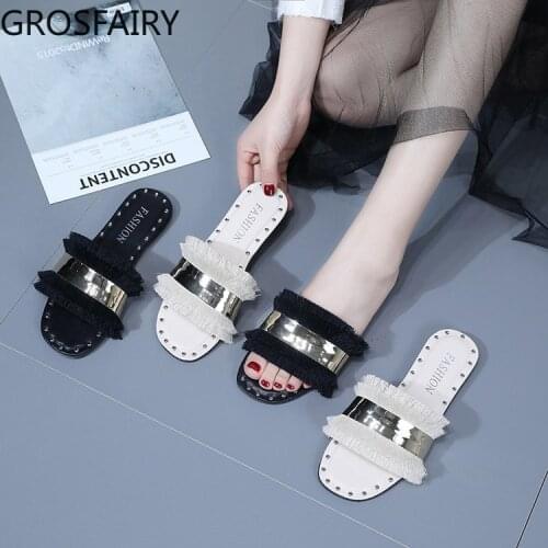 Womens Sequined Slippers Summer Wear Sandals and Tassels Flip Flops Retro Flat-bottom Rivet Beach Sandals and Slippers Women