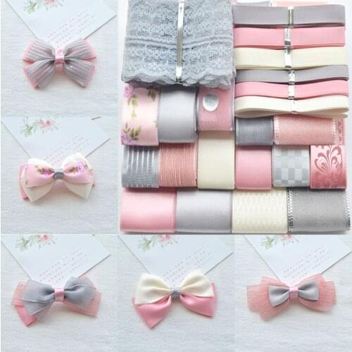 Korea Style Pink Grey Handmade Hair Bowknot Ribbon Set Flower Gift Packaging DIY Hair Accessories Hairpin (22 Pieces)